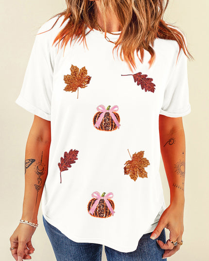 White Sequined Pumpkin Leaves Fall Vibe Graphic T Shirt