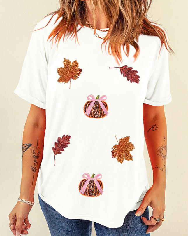 White Sequined Pumpkin Leaves Fall Vibe Graphic T Shirt