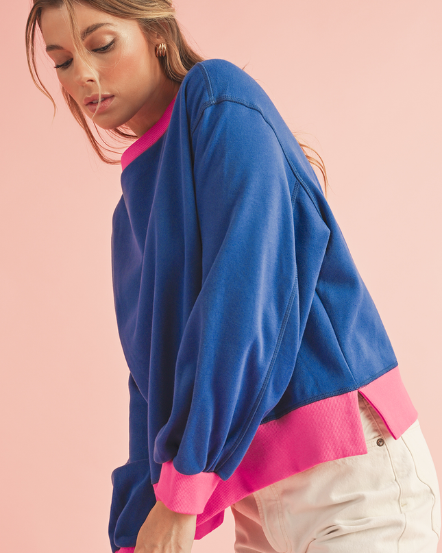 Blue Contrast Trim Bubble Sleeve Sweatshirt