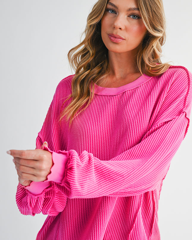 Strawberry Pink Twisted Ribbed Seamed Patchwork Long Sleeve Top