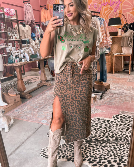 Brown Leopard Frayed Split Denim Midi Skirt