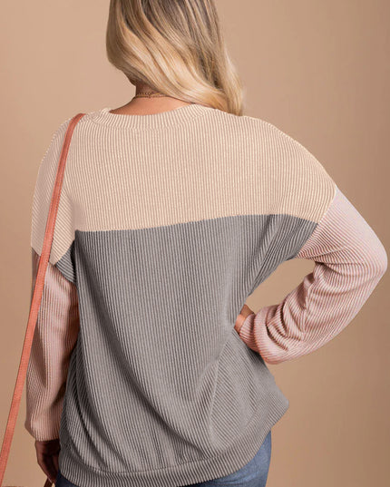Multicolor Colorblock Ribbed Loose Long Sleeve Top