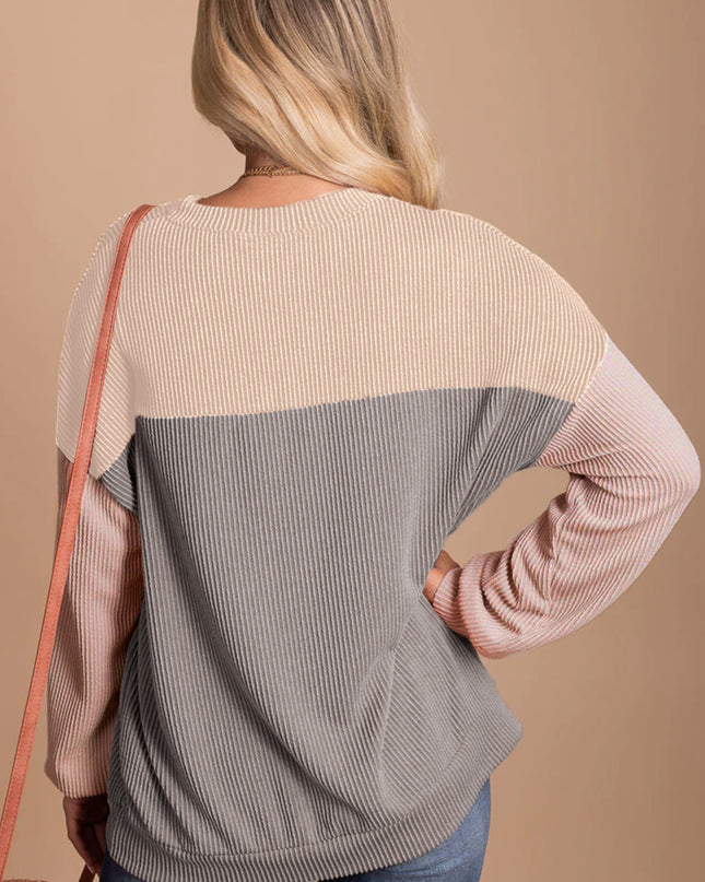 Multicolor Colorblock Ribbed Loose Long Sleeve Top