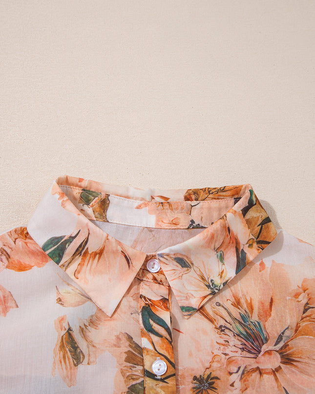 Orange Floral Puff Sleeve Lightweight Shirt