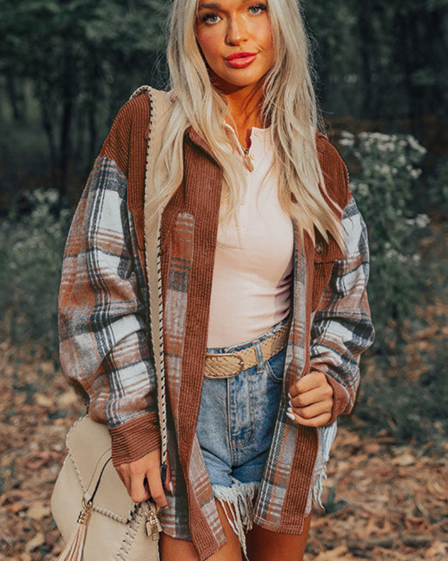 Cinnamon Plaid Corduroy Patchwork Pocket Loose Shacket