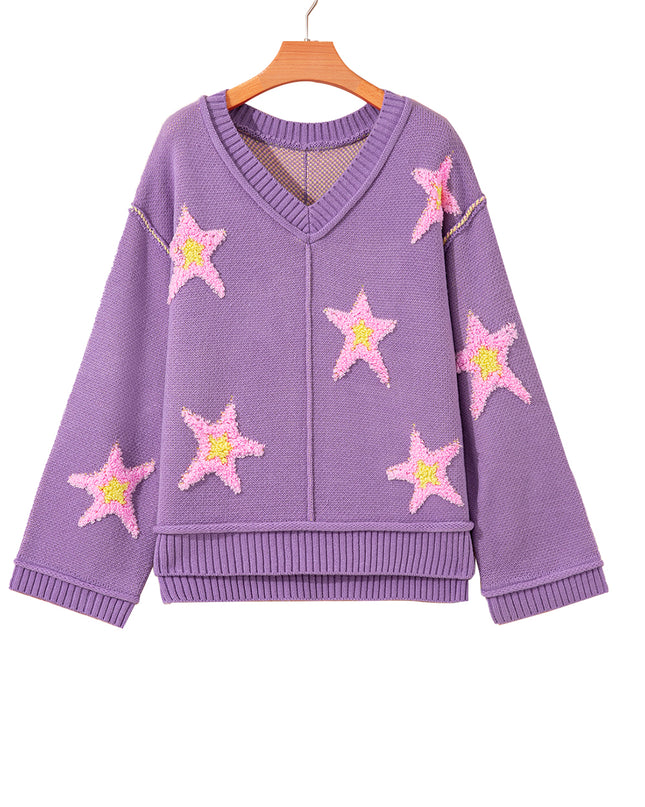 Lavendula Brushed Star Graphic V Neck Drop Shoulder Oversize Sweater