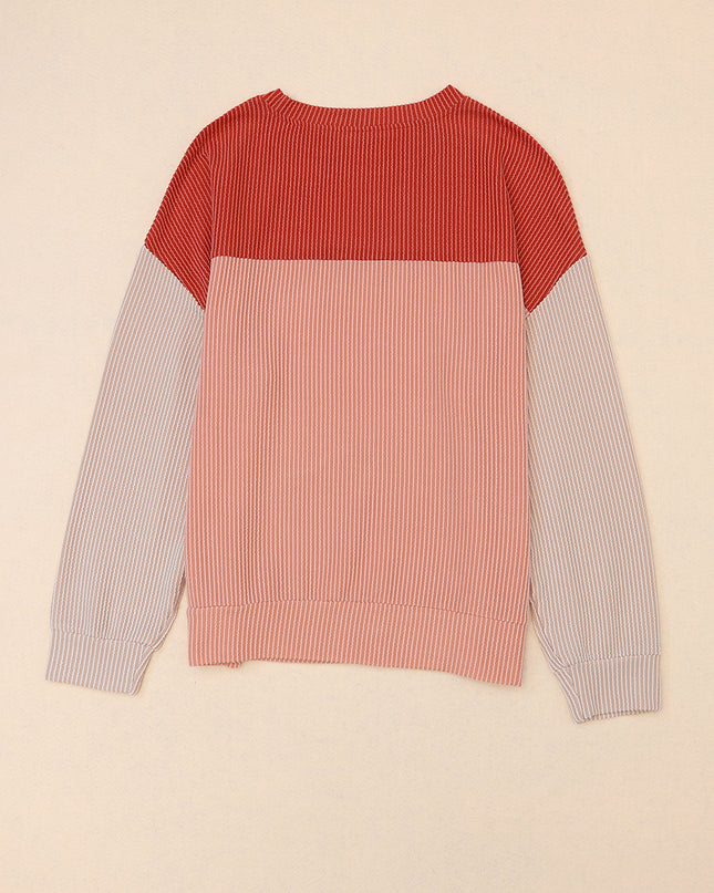 Multicolor Colorblock Ribbed Loose Long Sleeve Top