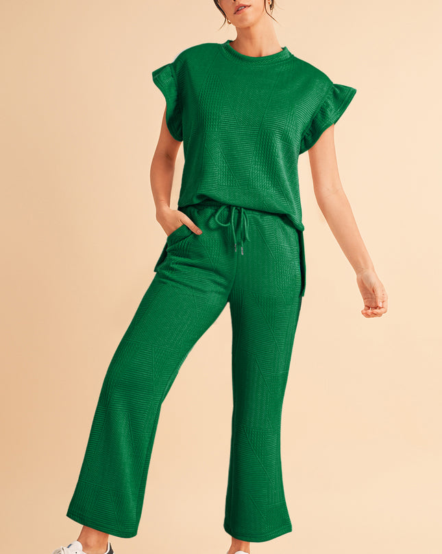 Black Textured Ruffle Summer Top and Drawstring Pants Set