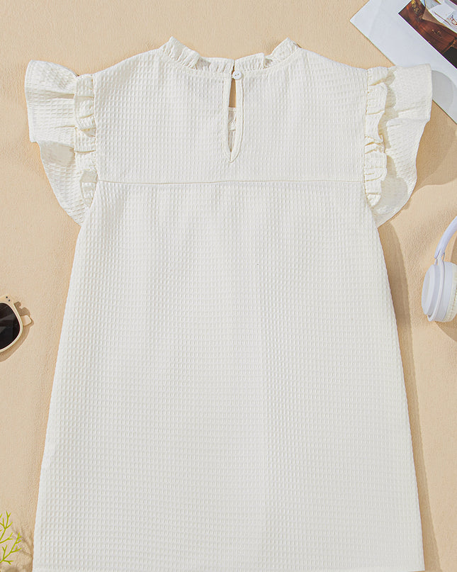 White Solid Color Ruffle Trim Waffle Textured Blouse