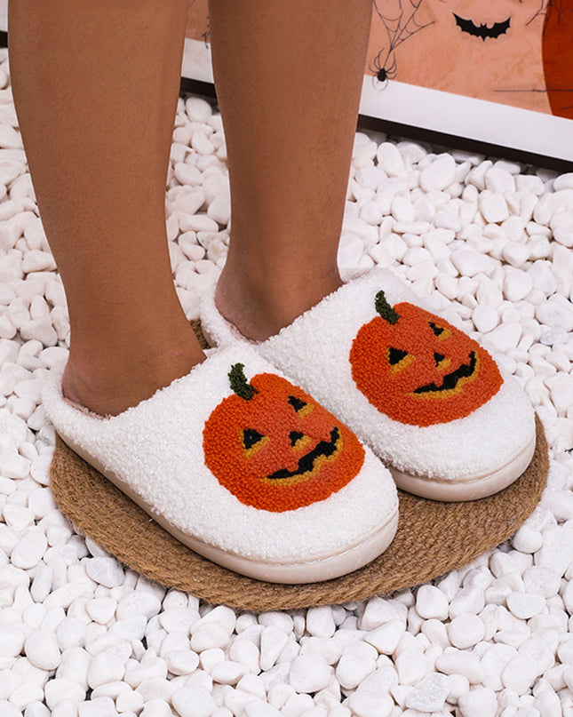 White Halloween Pumpkin Print Plush Slippers