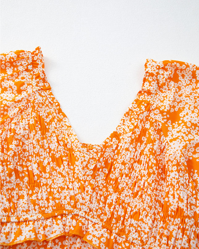 Orange Floral Print Smocked V Neck Bell Sleeve Maxi Dress