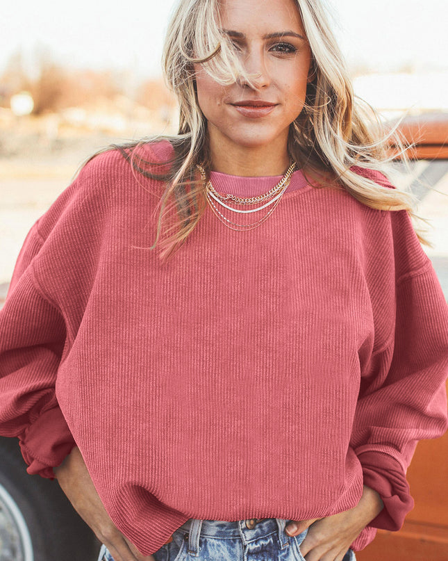 Red Plain Drop Sleeve Rib Knit Oversized Sweatshirt