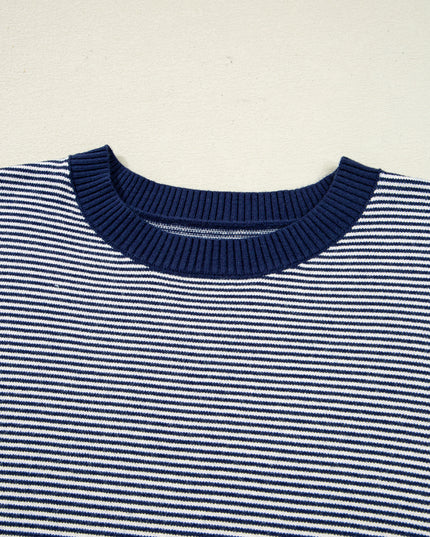Blue Striped Colorblock Patchwork Dolman Oversize Tunic Sweater