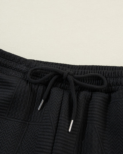 Black Textured Ruffle Summer Top and Drawstring Pants Set