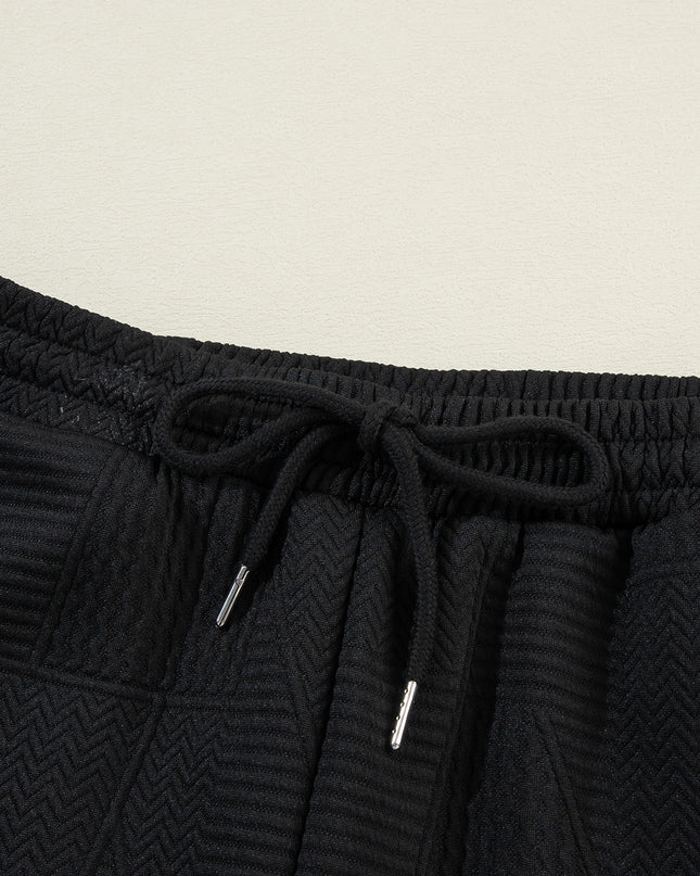 Black Textured Ruffle Summer Top and Drawstring Pants Set