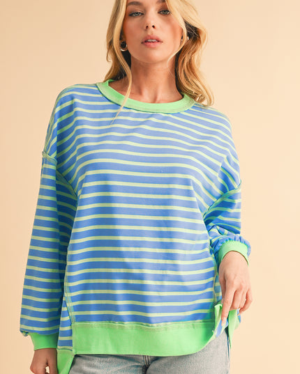 Pink Stripe Contrast Trim High Low Tunic Sweatshirt