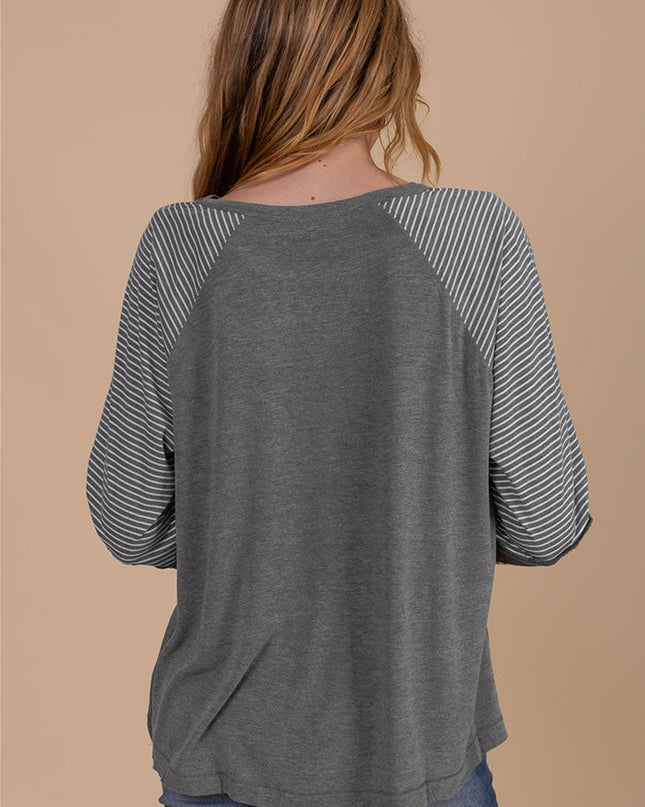 Rose Red Contrast Print Striped Raglan Long Sleeve Loose Top