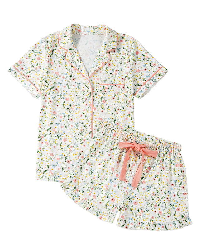 Pink Polka Dot and Bow Print Ruffle Hem Shorts Pajama Set
