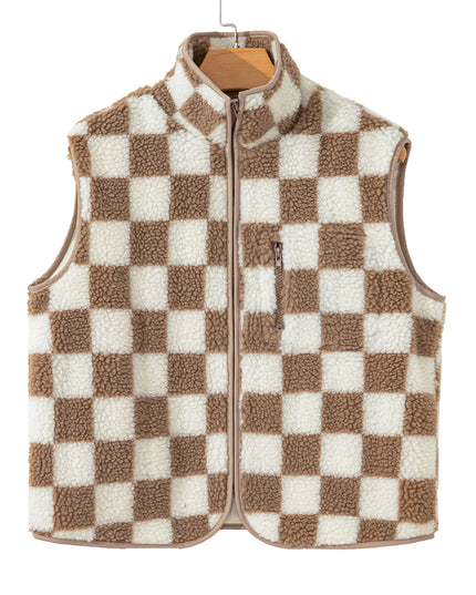 Khaki Checkered Sherpa Collared Jacket Vest