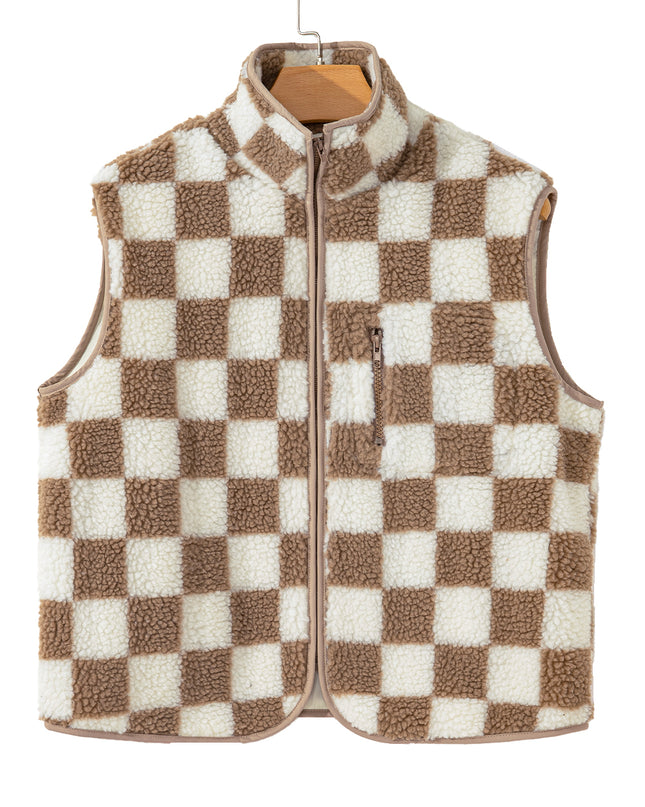 Khaki Checkered Sherpa Collared Jacket Vest