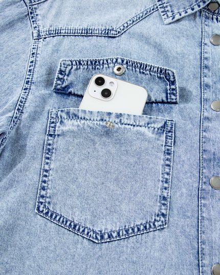 Denim Shirt Dress with Chest Pocket – Raw Hem Oversized Loose Fit Mini Dress (Blue Cotton)