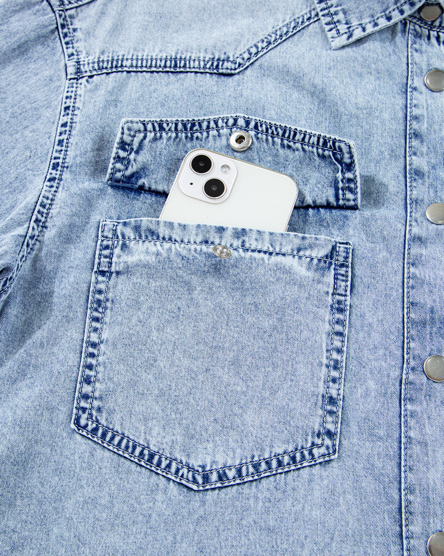 Denim Shirt Dress with Chest Pocket – Raw Hem Oversized Loose Fit Mini Dress (Blue Cotton)