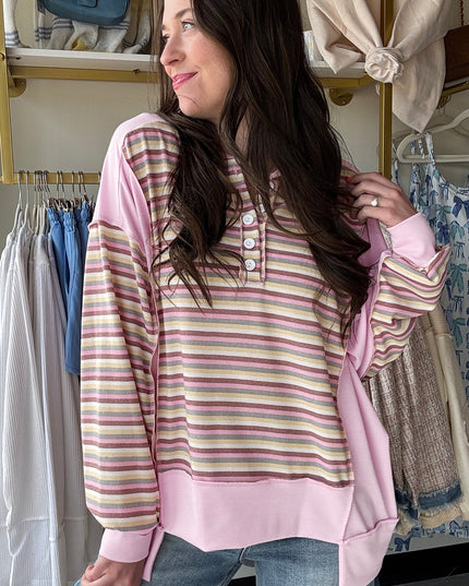 Pink Striped Patchwork Button V Neck Pullover Sweatshirt