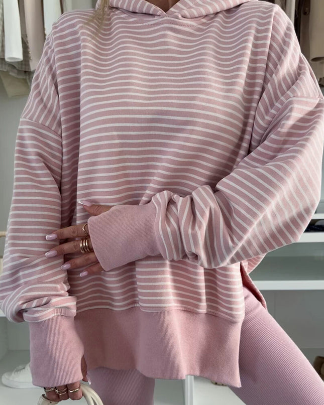 Purple Stripe Thumbhole Side Slits Drop Shoulder Loose Fit Hoodie