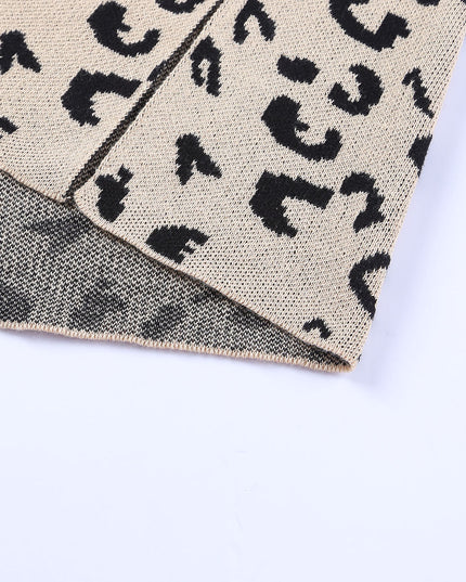 Khaki Leopard Casual Side Slit High Neck Oversized Sweater