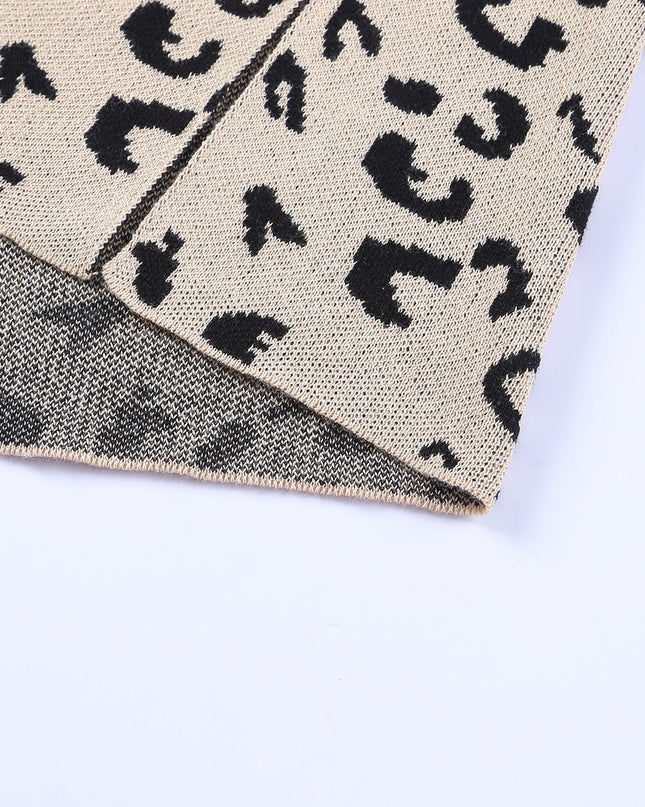 Khaki Leopard Casual Side Slit High Neck Oversized Sweater