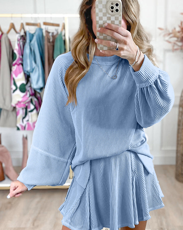 Jet Stream Lantern Sleeve Pullover & Ruffle Mini Skirt Set – Chic Two Piece Outfit