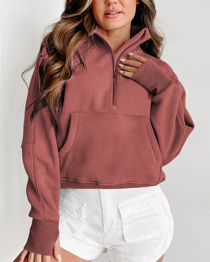 Black Zip Up Stand Collar Ribbed Thumbhole Sleeve Sweatshirt