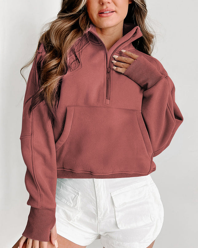 Black Zip Up Stand Collar Ribbed Thumbhole Sleeve Sweatshirt