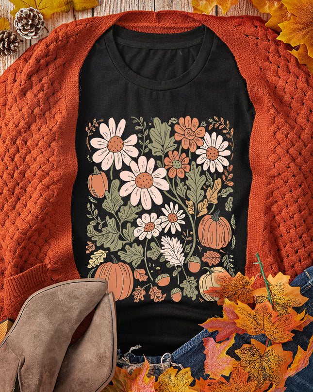 Black Wild Flower Pumpkin Print T Shirt