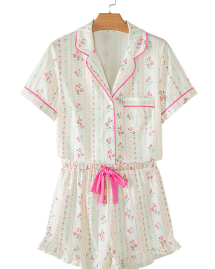 Pink Polka Dot and Bow Print Ruffle Hem Shorts Pajama Set