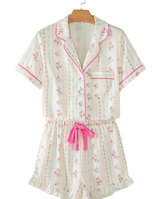 Pink Polka Dot and Bow Print Ruffle Hem Shorts Pajama Set