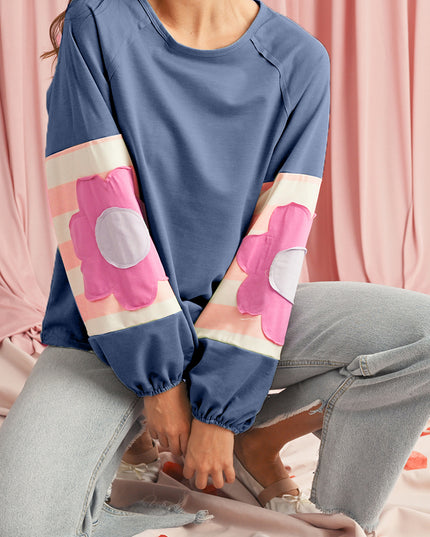 Smoke Green Flower Patchwork Exposed Seam Raglan Sleeve Top