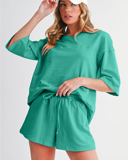 Bonbon Loose V Neck Tee and Drawstring Shorts Set