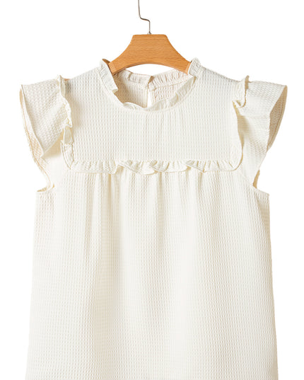 White Solid Color Ruffle Trim Waffle Textured Blouse