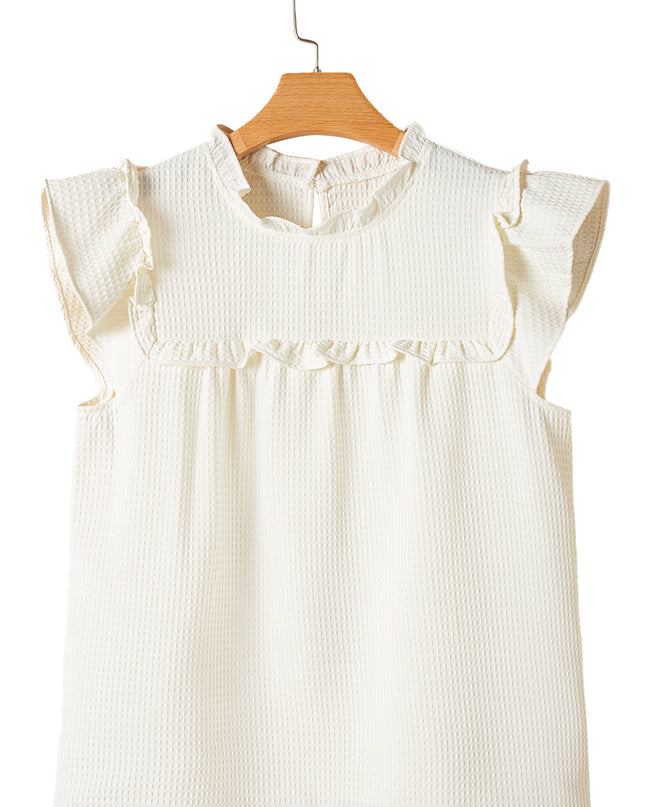 White Solid Color Ruffle Trim Waffle Textured Blouse