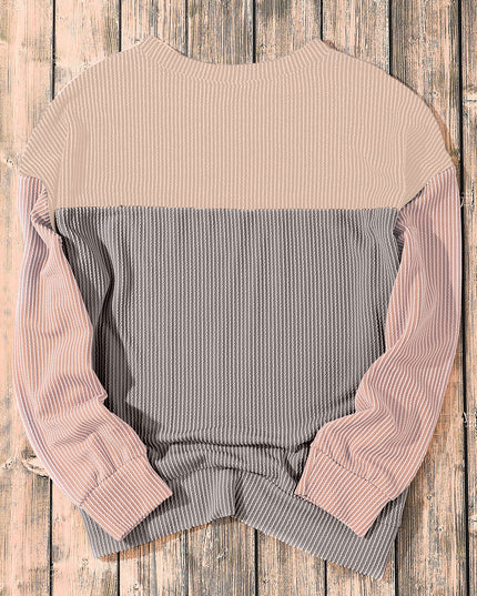 Multicolor Colorblock Ribbed Loose Long Sleeve Top