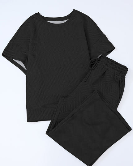 Black Textured Loose Fit T Shirt and Drawstring Pants Set