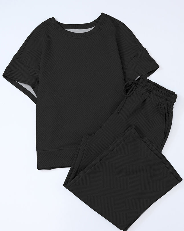 Black Textured Loose Fit T Shirt and Drawstring Pants Set