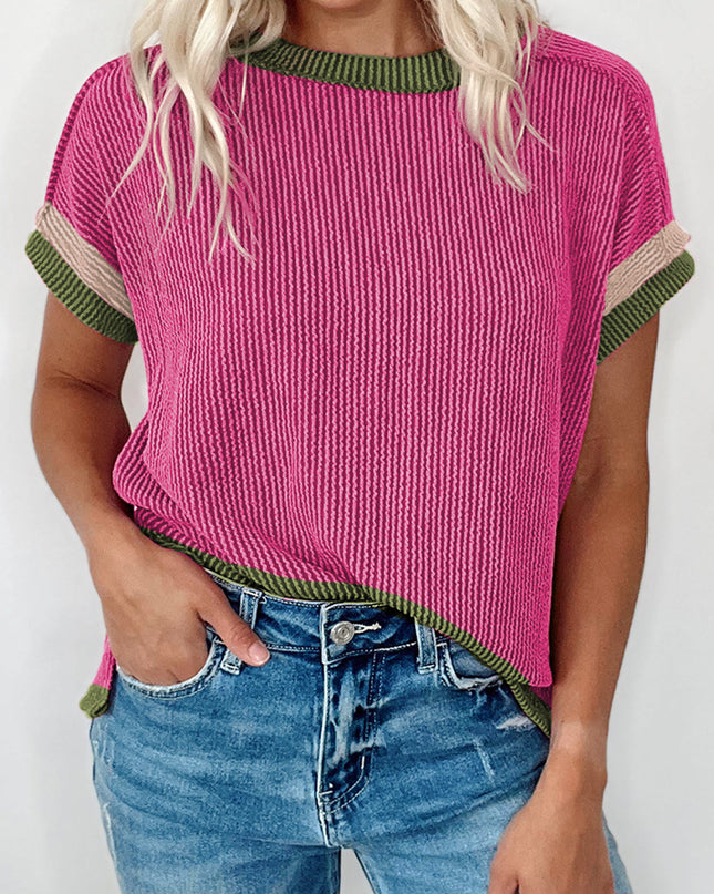 Rose Red Textured Colorblock Round Neck T Shirt