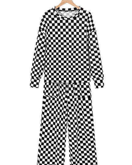 Beige Checkered Print Long Sleeve Loose Fit Pajama Set