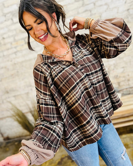 Brown Plaid Waffle Patchwork Henley Hoodie – Cozy Long Sleeve Top for Women