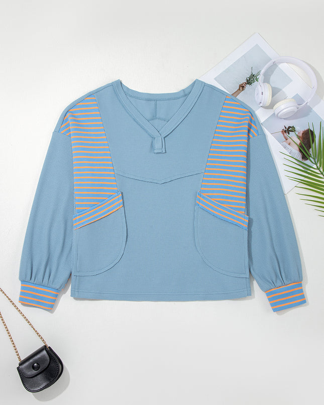 Meadow Mist Green Exposed Seam Waffle Striped Patchwork Baggy Pullover