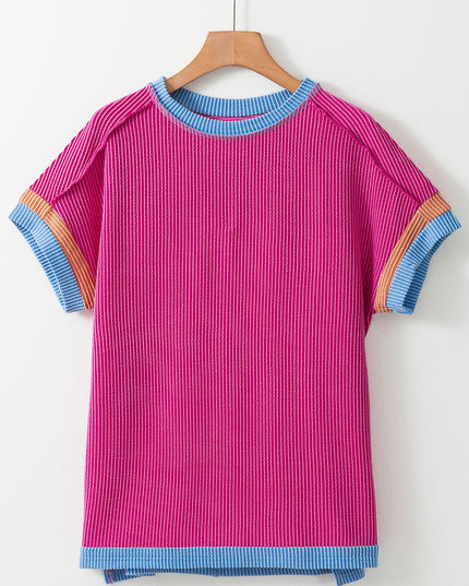 Rose Red Textured Colorblock Round Neck T Shirt