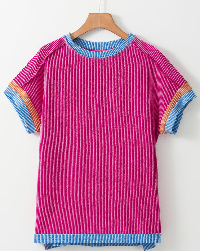 Rose Red Textured Colorblock Round Neck T Shirt