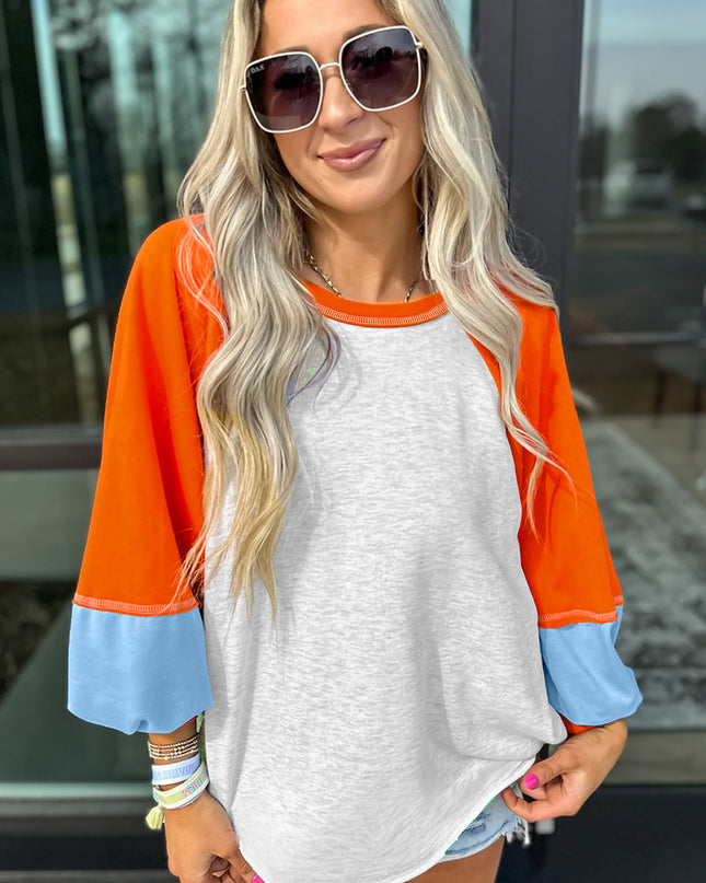 Light Grey Colorblock Raglan Sleeve Loose Fit Top